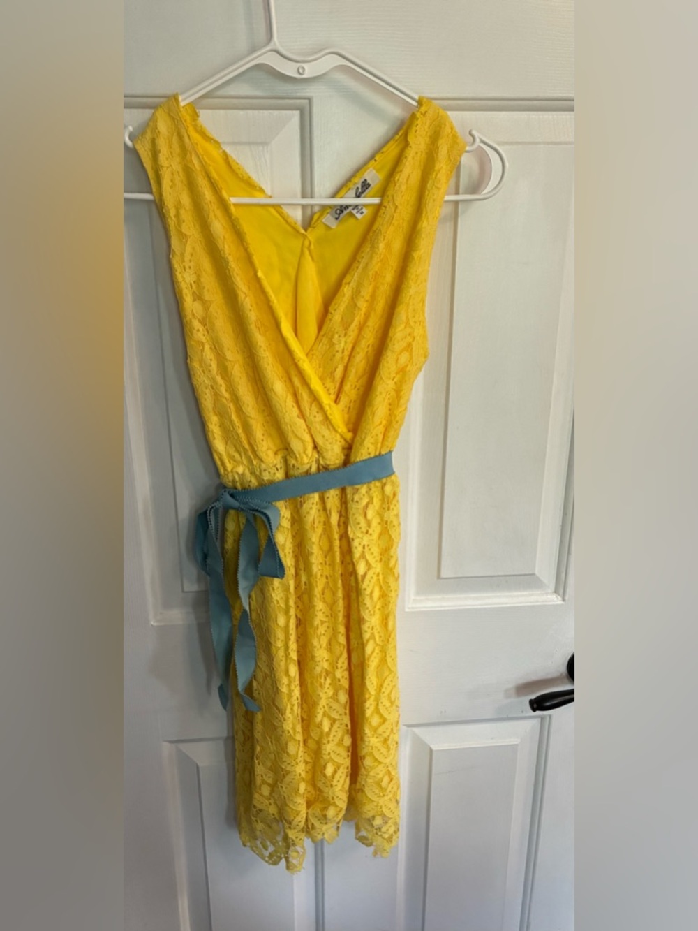 Annabella Yellow Lace Dress with Blue Belt